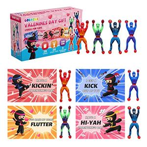 Gocozer Valentines Day Gifts for Kids, 28 Pack Ninja Sticky Stress Relief Tricky Toys with Valentines Greeting Cards for Classroom, Valentines Exchange Gifts ideas Preschool Valentine Gifts favors