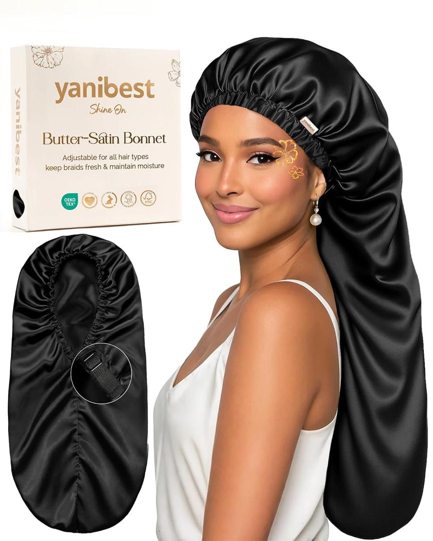 YANIBEST Satin Sleep Bonnet for Natural Hair - Extra Double Layer Long Adjustable Silk Hair Bonnet for Braids, Locs, Curls - Womens Night Hair Protection Cap (Large, Black)
