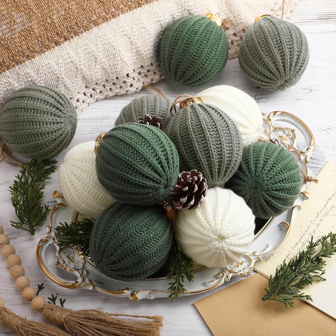 12 Pcs Sage Green Christmas Ornaments, 3.15 Inch Crochet Christmas Balls Modern Neutral Handmade Knitted Woven Cotton Baubles for Xmas Tree Rustic Farmhouse Holiday Decor (Beige, Grey, Green)