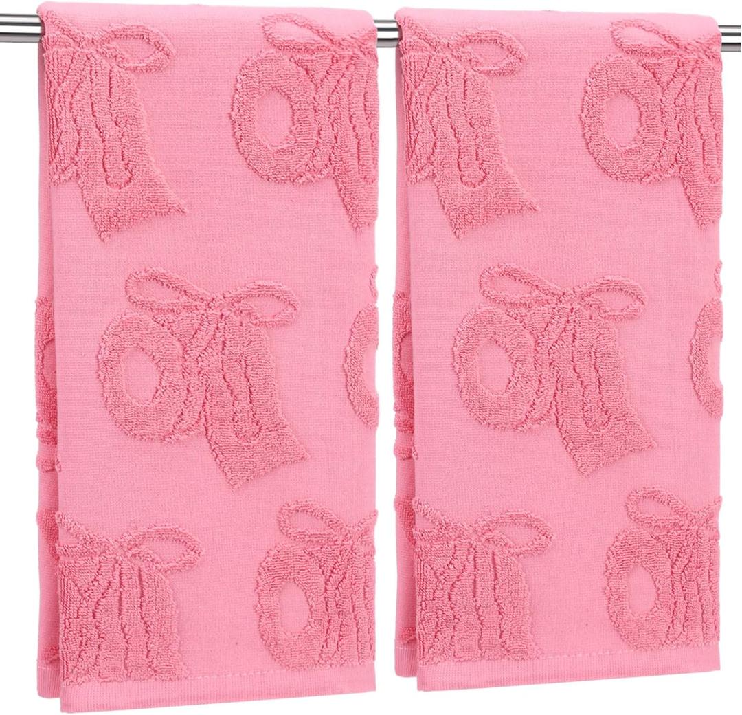 SmoothNovelty 2 Pcs Pink Bow Hand Towels for Bathroom Funny Roll Paper Bowknot Jacquard Weave 100% Cotton Absorbent Decorative Dish Bath Towels for Bathroom Kitchen Decor, 14 x 29 Inches