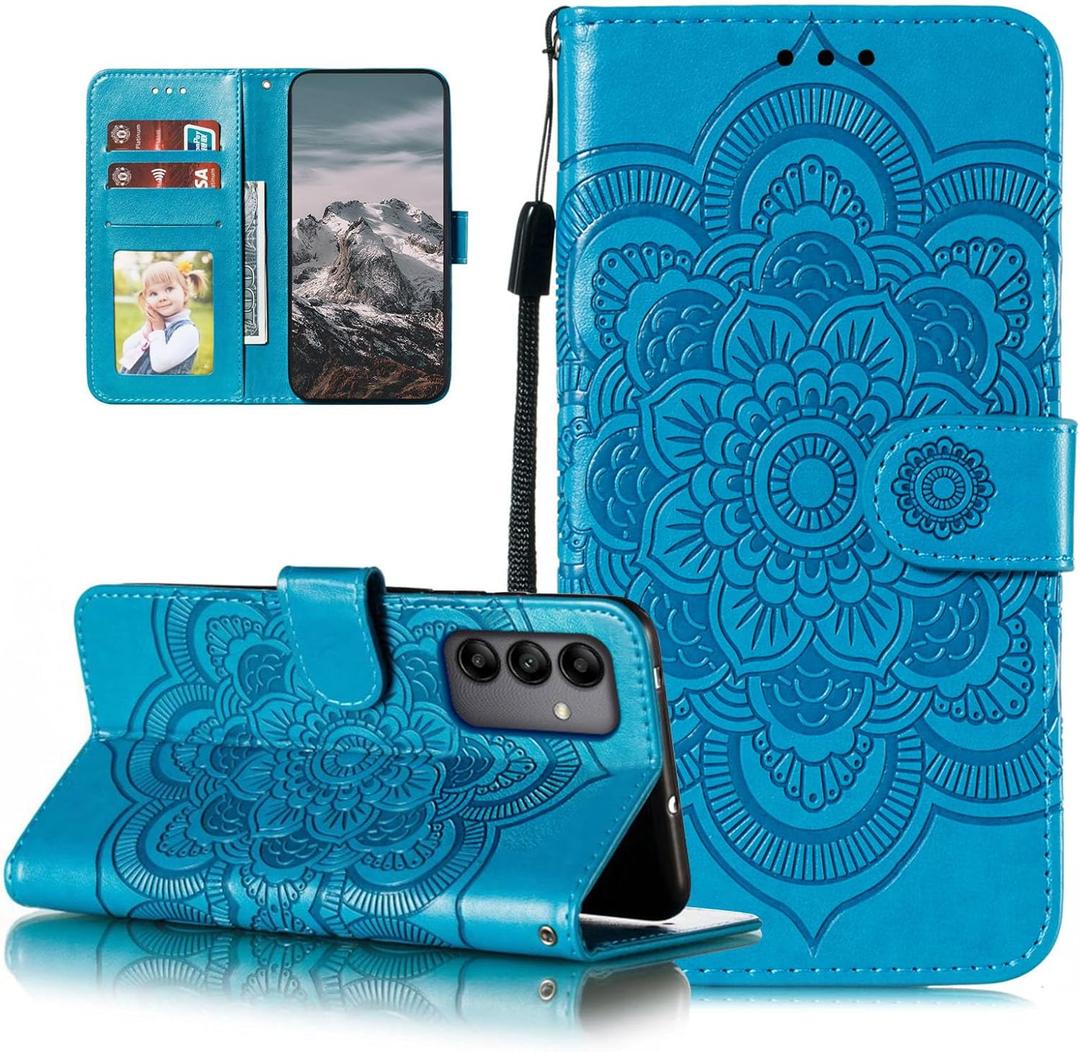EYZUTAK Case for Samsung Galaxy A16 4G/5G, Premium Leather Magnetic Closure Flip Wallet Phone Case with Card Holder Cash Slot Stand Function Embossed Mandala Flower Slim Shockproof Lanyard Cover -Blue