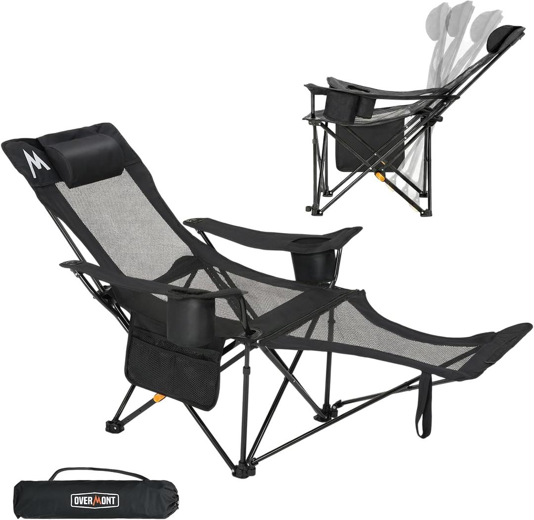 Overmont Reclining Camping Chair with Removable Footrest - 4-Position Adjustable Folding Lounge Chair for Adults with Removable Pillow Carry Bag - Support 300LBS Portable for Outdoor Beach Lawn Patio