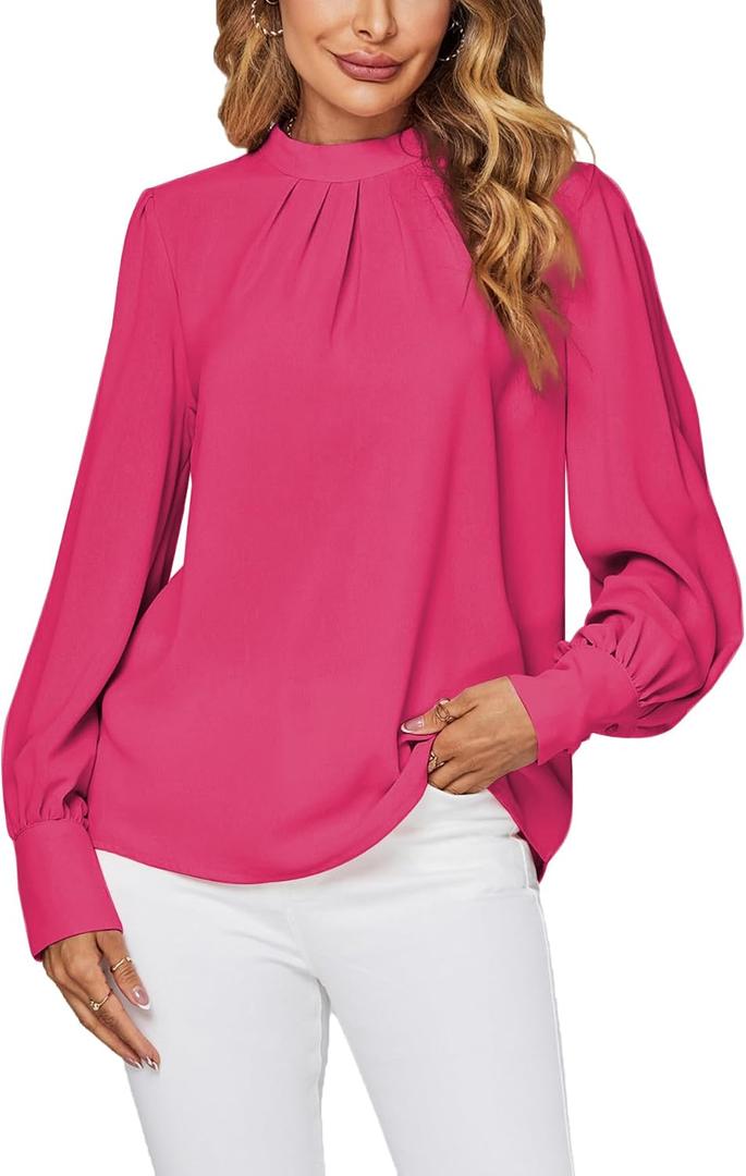 LYANER Women's Mock Neck Pleated Solid Long Sleeve Blouse Office Shirt Top (Pink, XL)