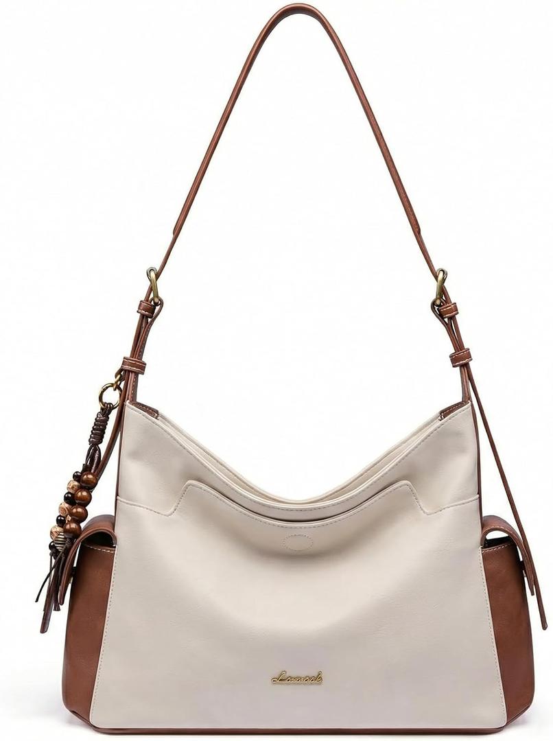 LOVEVOOK Hobo Purses for Women,Soft Faux Leather Crossbody Purse with Tassel Charms,Women's Shoulder Handbags for Daily (Medium, White Brown)