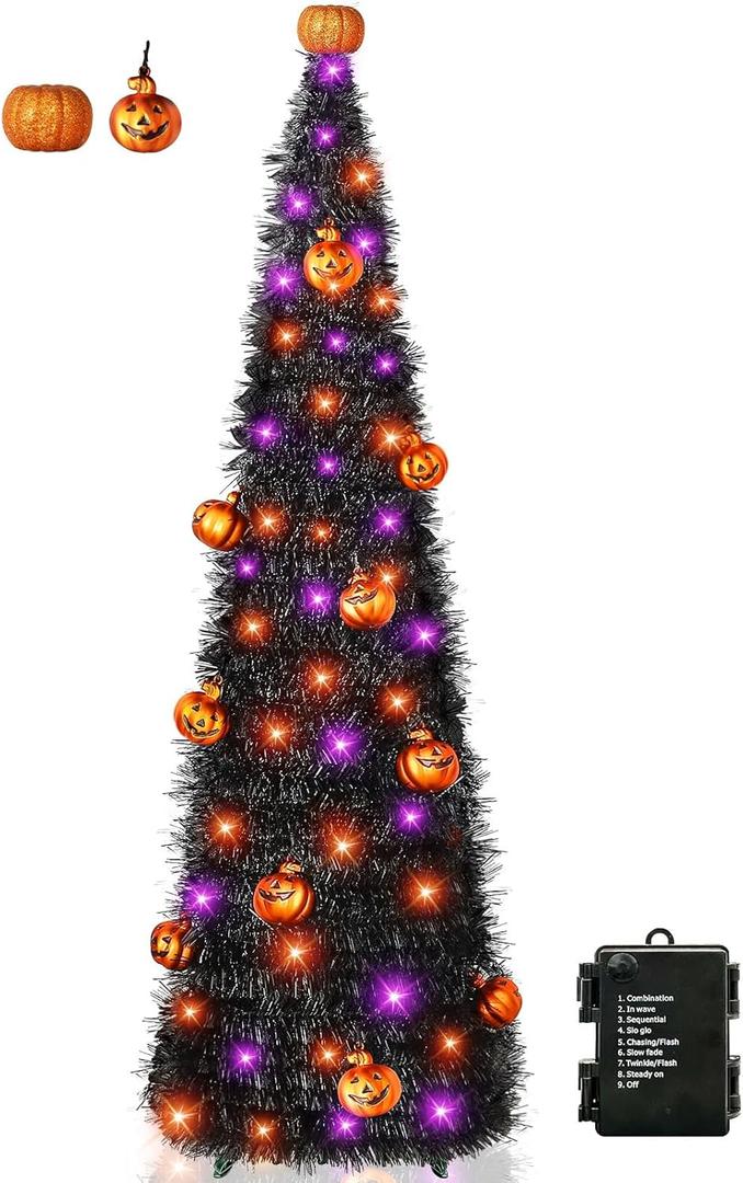 [Timer& Pumpkin] 5 Ft Black Tinsel Halloween Tree with 50 LED Orange Purple Lights, Pop Up Artificial Pencil Tree with Lantern Topper & 10 Jack-O Pumpkin Balls Ornaments for Halloween Decor Indoor