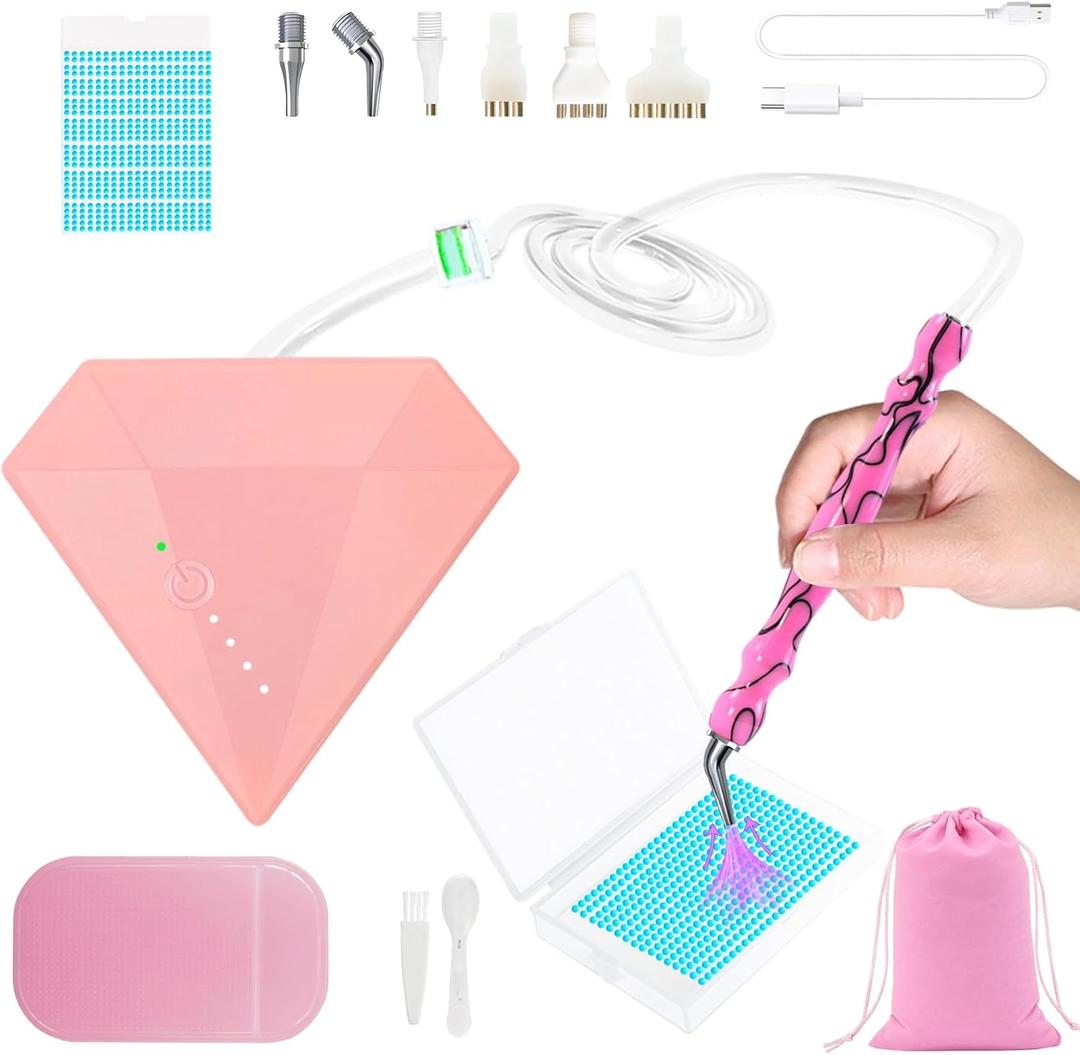Lanzeyo Rechargeable Electric Diamond Painting Pen Vacuum Diamond Art Pen with Long Endurance Battery Electric Vacuum Pen with Beads Storage Tray for Gem Art Diamond Art Accessories (Pink)