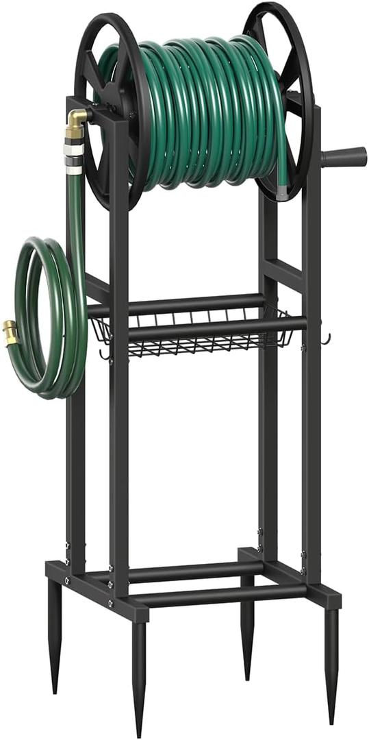 Freestanding Garden Hose Reel holds 125ft Hose of 5/8" with 4 Hooks, 4-Spike Outdoor Hose Holder with 3.9ft Leader Hose & Brass Fitting, Detachable Metal Hose Stand with Storage Rack, Black
