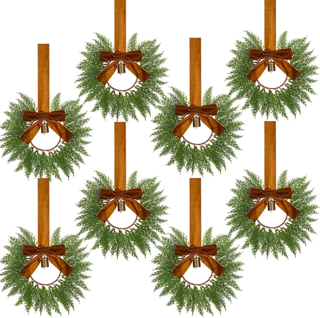 Dingion 8 Pcs 9.8" Small Christmas Cabinets Wreaths Mini Wreaths for Kitchen Window Chair Backs with Ribbon Bell Artificial Greenery for Farmhouse Holiday Decoration(Velvet,Classic,Brown)