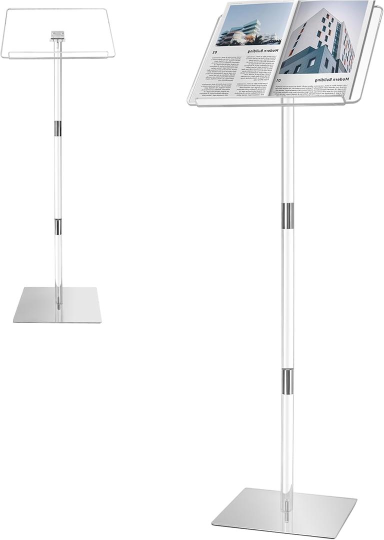 Podium Stand, Lecterns & Podiums, Acrylic Podium, Portable Podium Stand, Adjustable Angles with Metal Base, Podium for Classroom, Church, Weddings, Speech, 16" L x 12" W x 46" H, Clear