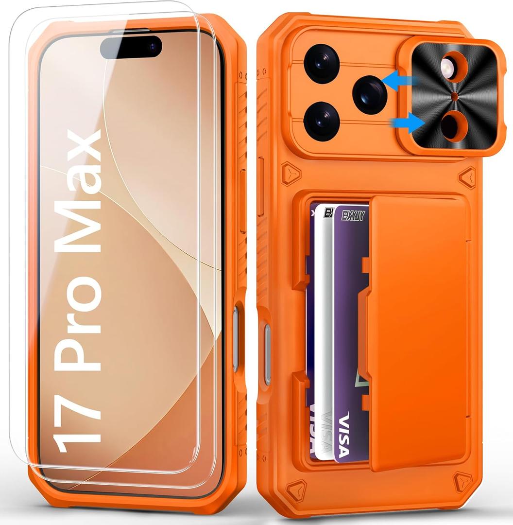 for iPhone 17 Pro Max Case Wallet with Screen Protector (Tempered Glass), Card Holder (4-5 Cards), Military Grade Drop, Slide Camera Cover, Heavy Duty Women Men Case for iPhone 17 Promax, Orange