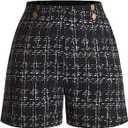 Women's Elegant Plaid Dress Shorts High Waisted Button Front Business Casual Shorts (Black, M)