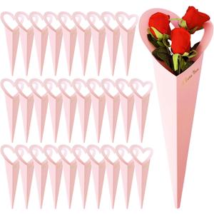 Srmayyi 30 Pack Flower Bouquet Bags,Heart Box Single Flower Sleeves,Floral Wrapping Paper,Love Heart Gift Bags for Valentines Day,Wedding,Mother's Day,Graduation(Pink)