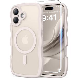 3 in 1 Magnetic for iPhone 17 Case, Cute Wavy [Full Camera Protection] [Fit for MagSafe] 1X Screen Protector+1X Wrist Strap, Anti-Slip Trendy Women Girly Phone Case for iPhone 17 6.3", Stone White