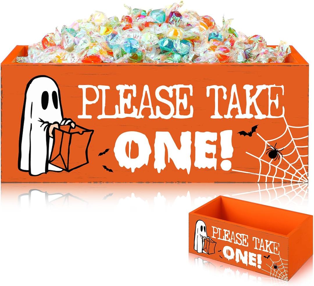 Sintuff Halloween Candy Bowl Wooden Funny Candy Dish Large Trick or Treat Dish Holders Wood Serving Pumpkin Orange Bowl Tableware for Halloween Holiday Party Tiered Tray Decorations(Take One)