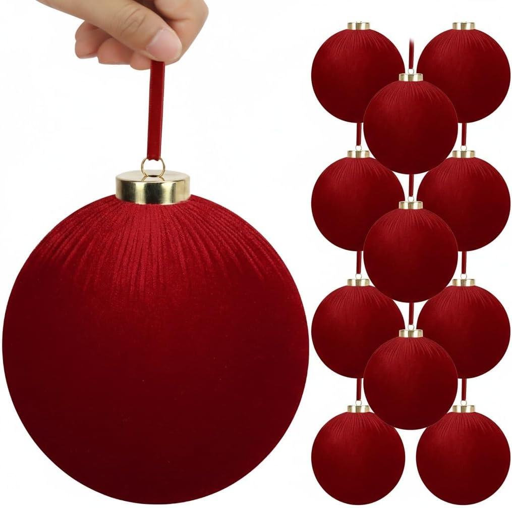 12 Pack Velvet Christmas Ball Ornaments Large Flocked Christmas Tree Hanging Ornaments Shatterproof Flocked Decorative Balls for Xmas Tree Decorations (Dark red, 6inch)