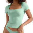 SUUKSESS Women Double Lined Fitted Basic Tee Square Neck Short Sleeve Y2K Crop Top (Green, L)