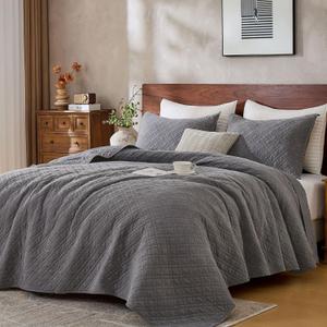 King Quilt Set with Shams Lightweight Quilted Bedspread Coverlet Thin Comforter Bed Cover Vintage Washed Quilted Blanket for All Season, Brushed Microfiber Diamond Stitching, Ash Gray, 104"x92"