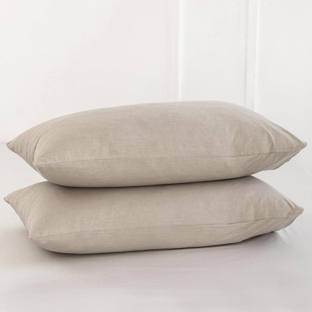 MooMee Bedding Pillowcases Pack of 2 100% Washed Cotton Linen Like Textured Breathable Durable Soft Comfy (Heathered Tannish Linen Grey, Standard)