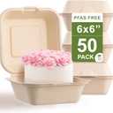 [50 COUNT]Harvest Pack PFAS FREE 6 X 6" Compostable Square Hinged Container, Single Compartment Clamshell Takeout Box, Heavy-Duty Bagasse Food Container, Made from Eco-Friendly Plant Fibers