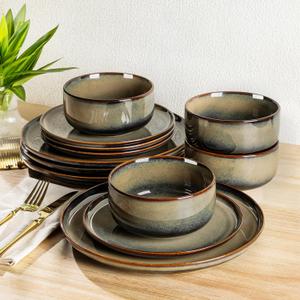 TheTerra Ceramic Dinnerware Sets for 4, 12 Pieces Handmade Reactive Glaze Plates and Bowls Set, Scratch Resistant Dish Set, Oven & Microwave & Dishwasher Safe