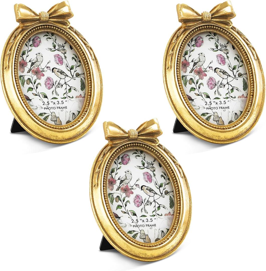 Vicenpal 6 Pcs Mini Gold Vintage Picture Frames, Resin Baroque Photo Frame with Glass and Stand, Small Antique Oval Frames for Wedding Anniversary Home Table Wall Decor, 2.5 x 3.5 Inch