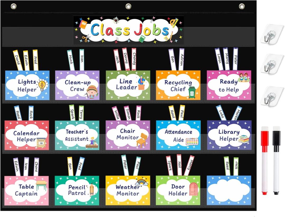 REGELETO Class Jobs Pocket Chart with 70 Colorful Dry Erase Cards and 3 Hooks,Class Management Educational Pocket Chart Teacher's Helper Size: 24.5x21.8inch Bulletin Board for Classroom (Black)