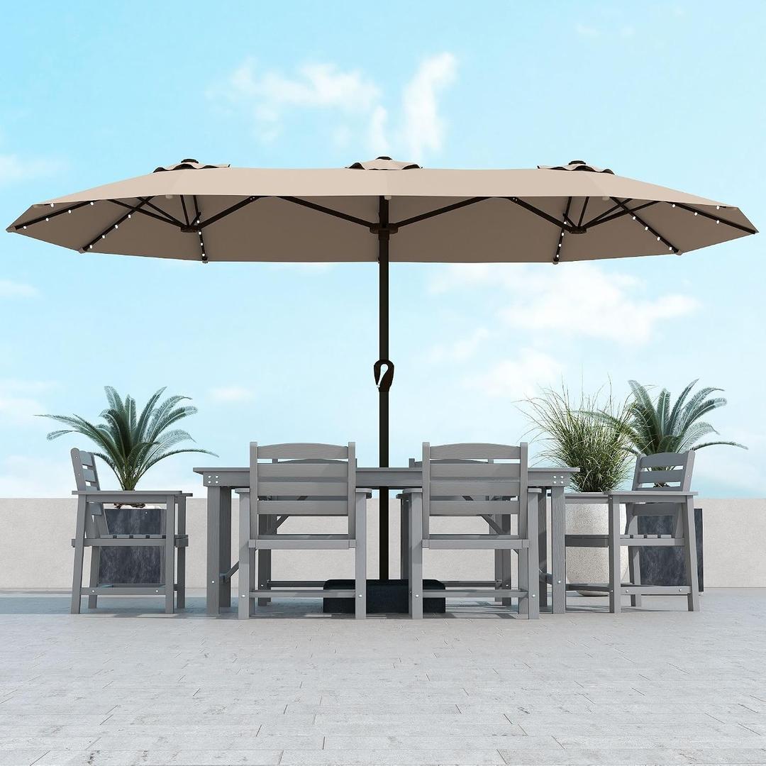Kingdura 15ft Large Patio Umbrella with Solar Lights, Double-Sided Rectangle Lighted Outdoor Table Umbrella with Base Included, 12 Reinforced Ribs, 48 Led Lights, Crank Lift for Market Pool Deck Backyard, Beige