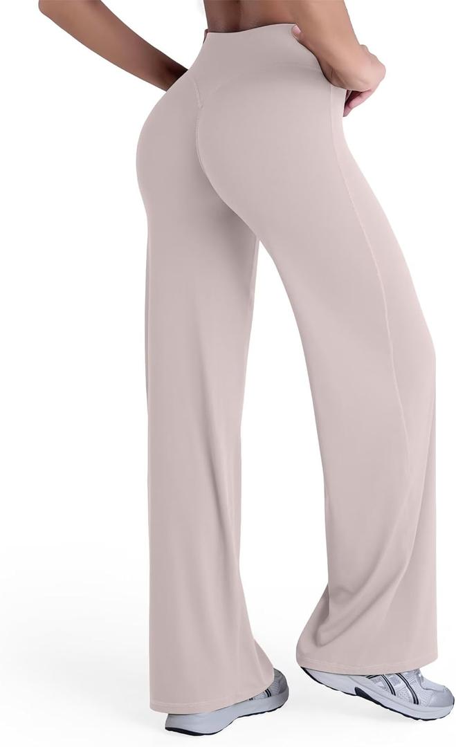 Sunzel Women's Butt Lifting Wide Leg Yoga Pants High Waist Tummy Control No Front Seam Straight Leg Workout Gym Bottoms (Large, Beige)