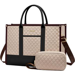 LOVEVOOK Laptop Bags for Women, 15.6 inch Waterproof Work Tote Bag with Clutch, Professional Teacher Computer Purse Lightweight Shoulder Bag Travel, Apricot Chocolate Black