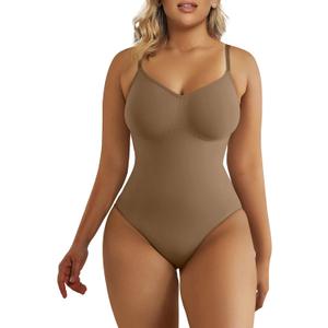 SHAPERX Women's Shapewear Bodysuit Tummy Control Body Shaper Seamless Sculpting Snatched Waist Body Suit (Brown Thong,
L/ XL

)