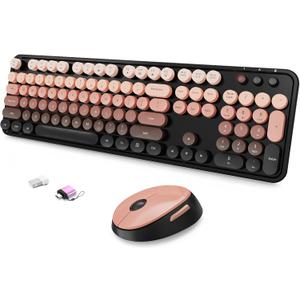 Wireless Keyboard and Mouse Combo, Ergonomic Full Size Typewriter Retro Round Keycaps Keyboard, Compatible with Windows, PC, Perfer for Home and Office Keyboards (Aurora Red)