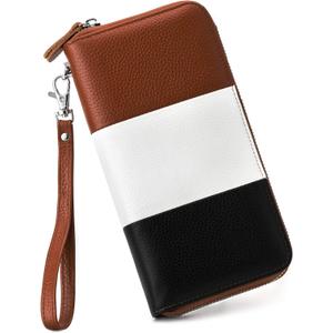 Moflycom Womens Wallet RFID Blocking Genuine Leather Multi Credit Card Large Capacity Zip Around Clutch Travel Purse Wristlet (Brown/White/Black)