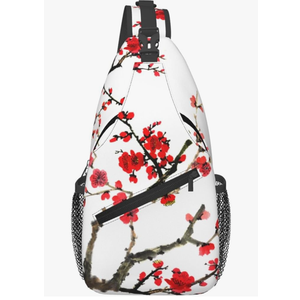Cherry Blossom Crossbody Sling Bag for Women Men Classical Asian Plum Blossom Watercolor Ink Painting Travel Sling Backpack Casual Chest Shoulder Bag Japanese Floral Print Hiking Daypack