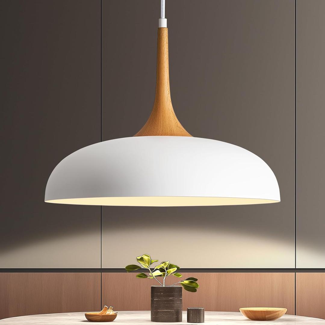 Oversize White Pendant Lights Kitchen Island,Modern Pendant Light Fixtures,Farmhouse Adjustable Hanging Pendant Lighting Foyer Entryway Hallway Bedroom Dining Room Living Room,Faux-Wood,Large 15.75 inch, Whit