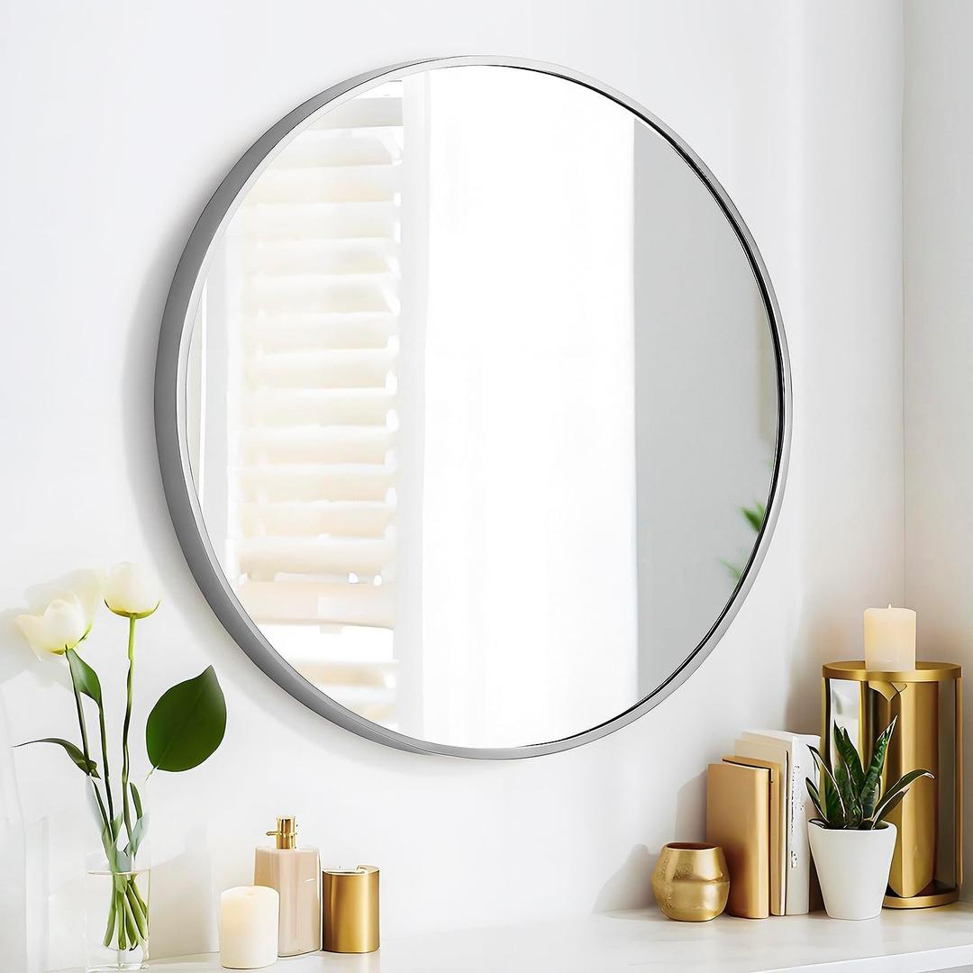 SCWF-GZ 24" Round Mirror Circle Wall Mounted Hanging or Against Wall Aluminum Alloy Metal Frame Dressing Make-up Mirrors for Entryway Bedroom Bathroom Living Room 24 inch Silver