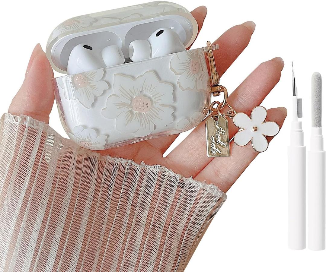 MINSCOSE Compatible with AirPods Pro 3rd Generation Case (2025) with Cleaner Kit,Cute Cartoon Flower Pattern Design with Floral Keychain, Soft TPU Protective Shockproof Case for AirPods Pro 3-White