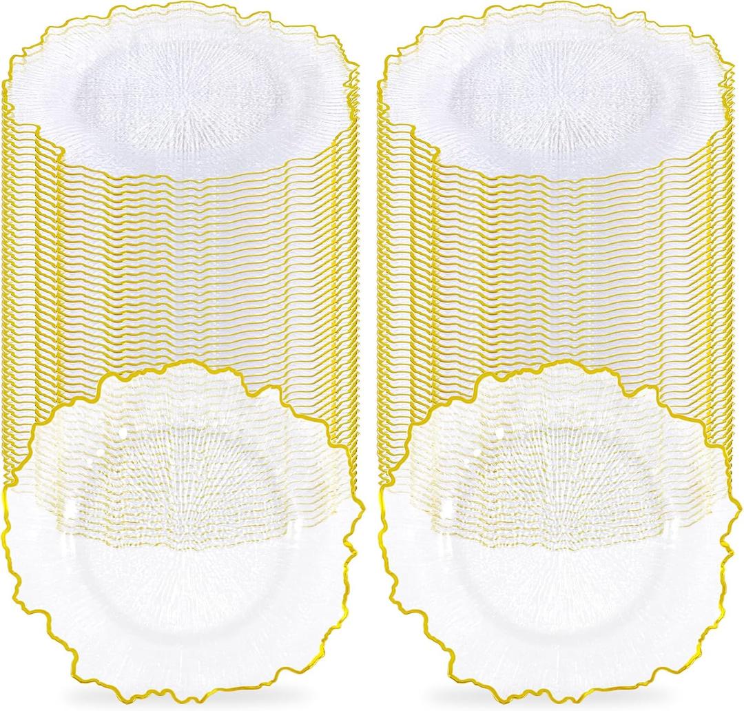 100Pcs Clear Charger Plates Bulk Wedding - 13" Premium Plastic Ruffled Gold Rim Chargers with Flora Reef Design，Decorative Dinner Charger Plates for Events & Parties