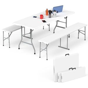 HLPB Folding Table Picnic Table Set, 6 ft Camping Table with 2 Benches, Outdoor Indoor Portable Folding Furniture for Working Meeting Party, Camping, Picnic, Weddings w/Handle and Safety Locks, White
