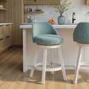 Armen Living Erika Modern Transitional Swivel Wood Counter Height Kitchen Bar Stool in White Finish with Light Blue Fabric Upholstered Seat - Set of 2, 26" Counter Height