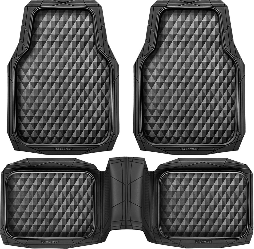 CAR PASS Heavy Duty Rubber Car Mats, Deep Dish All-Weather Floor Mat for Car Full Set Durable Anti-Slip 3D Rhombus Waterproof Trim to Fit Liner Universal Fit Automotive,Sedan,SUV,Truck, 3 Piece Black