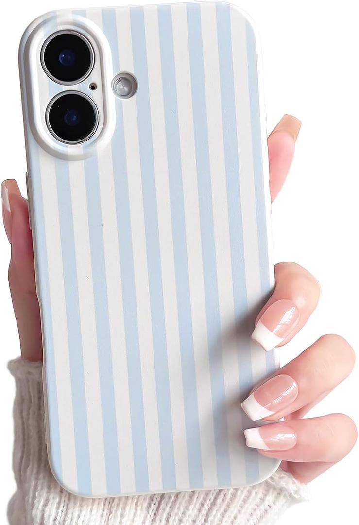 Lovmooful Compatible for iPhone 16 Case Cute Color Striped with Aesthetics Design for Girls Women Soft TPU Shockproof More Protective Girly for iPhone 16 Case-Blue