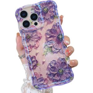 OOK Oil Painting Phone Case for iPhone 16 Pro Max Laser Glossy Cute Oil Painting Flower Pattern Curly Waves Bumper Design Soft Protective Cover for Girls Women Purple