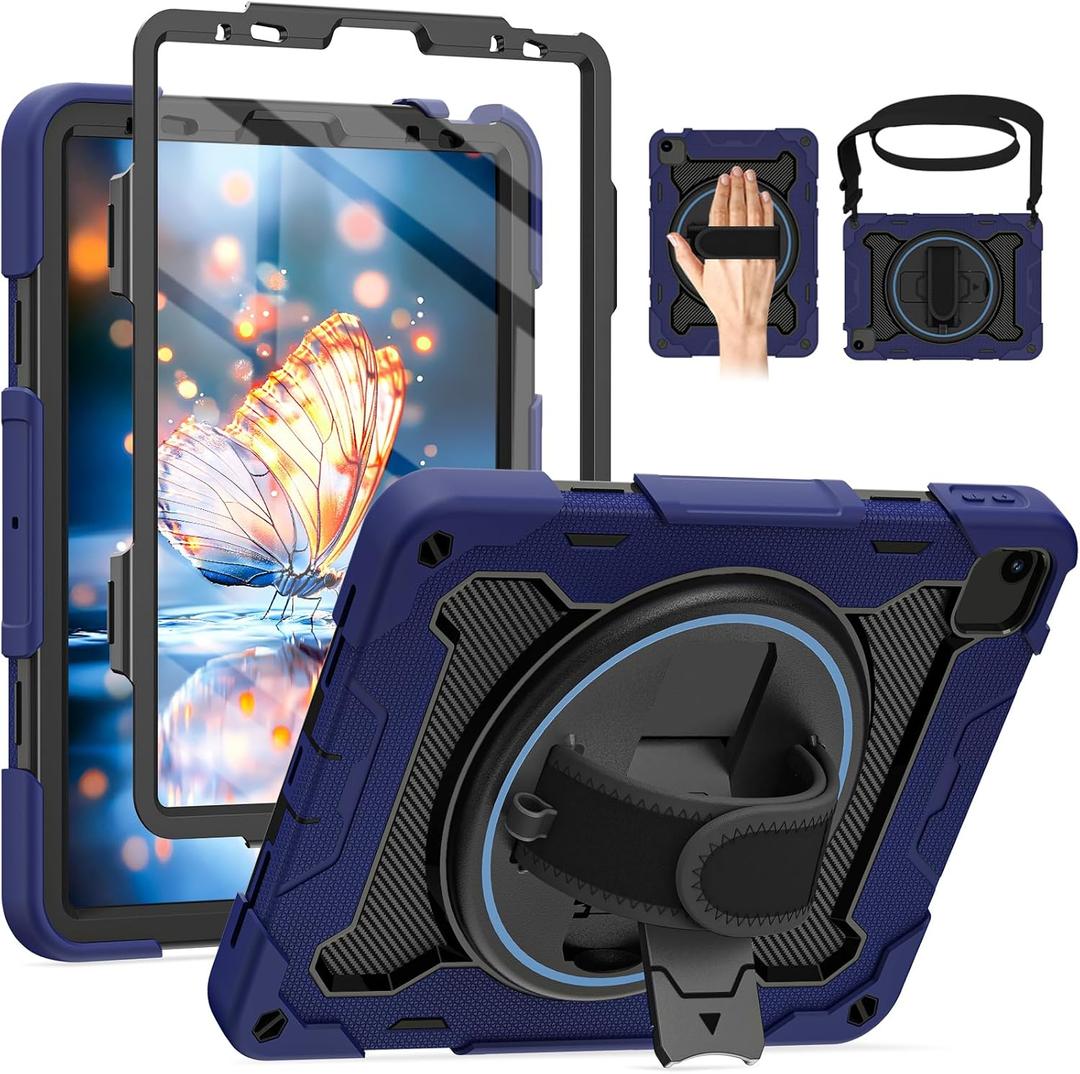 For iPad Air 5th 4th Generation 10.9 inch Case with Screen Protector [15ft Drop Protection] iPad Pro 11 Case 4th 3rd 2nd 1st Gen (2022 2021 2020 2018) for Kids W/ 360 Stand Hand/Shoulder Strap (Navy Blue)