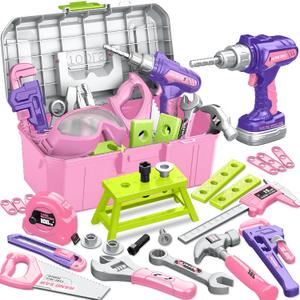 Kids Tool Set with Portable Tool Box & Electronic Toy Drill, Toddler Tool Set, Construction Tools for Kids Ages 3 4 5 6, 46 Pcs Tool kit for Christmas & Birthday Gifts for Girls, Child-Size