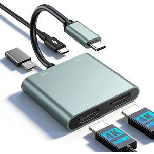 USB C to Dual HDMI Adapter - 4K@30Hz Dual Monitor HDMI Adapter with 100W PD Charging, USB3.0 5Gbps & Thunderbolt 3 Compatible for Laptop/Tablet