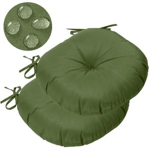 GUEGLSA Outdoor Tufted Round Cushions 18 inch, Waterproof Bistro Chair Cushions 18"x18"x3", Circular Seat Pads with Ties for Patio Garden Footstool Papasan Chair, Set of 2, Green
