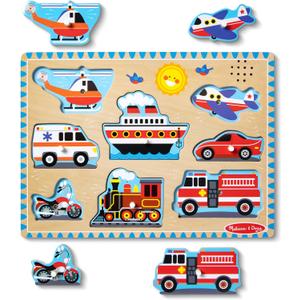 Melissa & Doug Vehicles Sound Puzzle - Wooden Peg Puzzle With Light-Activated Sound Effects (8 pcs) Puzzles for Toddlers, Wooden Puzzles For Kids Ages 2+