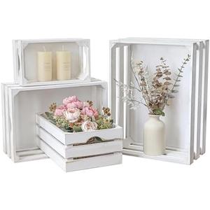 JUMBO HUMBLE Set of 4 Large Wooden Decorative Storage Crates, Whitewashed Nesting Wooden Crates for Display Rustic, Farmhouse Wood Storage Container Boxes Made from 100% Wood