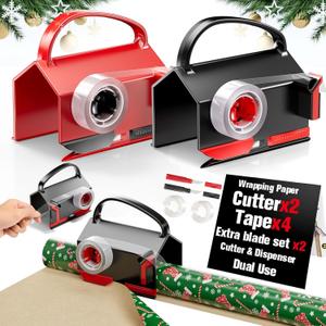 1 Pack Wrapping Paper Cutter & Tape Dispenser Dual Use, Gift Wrap Cutter Tool for Rolls Paper with 4 Tapes & 2 Replace Blades Kit for Christmas Birthday, Easy Cut for Present Wrapping, Black