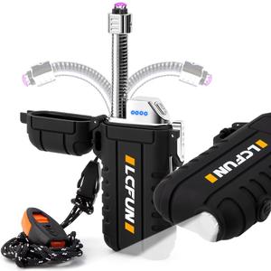 LcFun Electric Dual Arc Lighter USB Rechargeable, Windproof Plasma Lighters with LED Battery Indicator, Waterproof Flashlight Lighter with Whistle Lanyard for Camping, Survival Gear